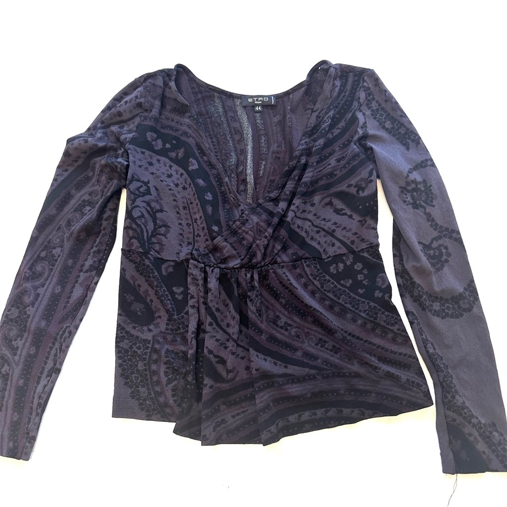Etro Knit Top EU 44 Sewn Surplice Mesh Back Long Sleeve 8 Medium